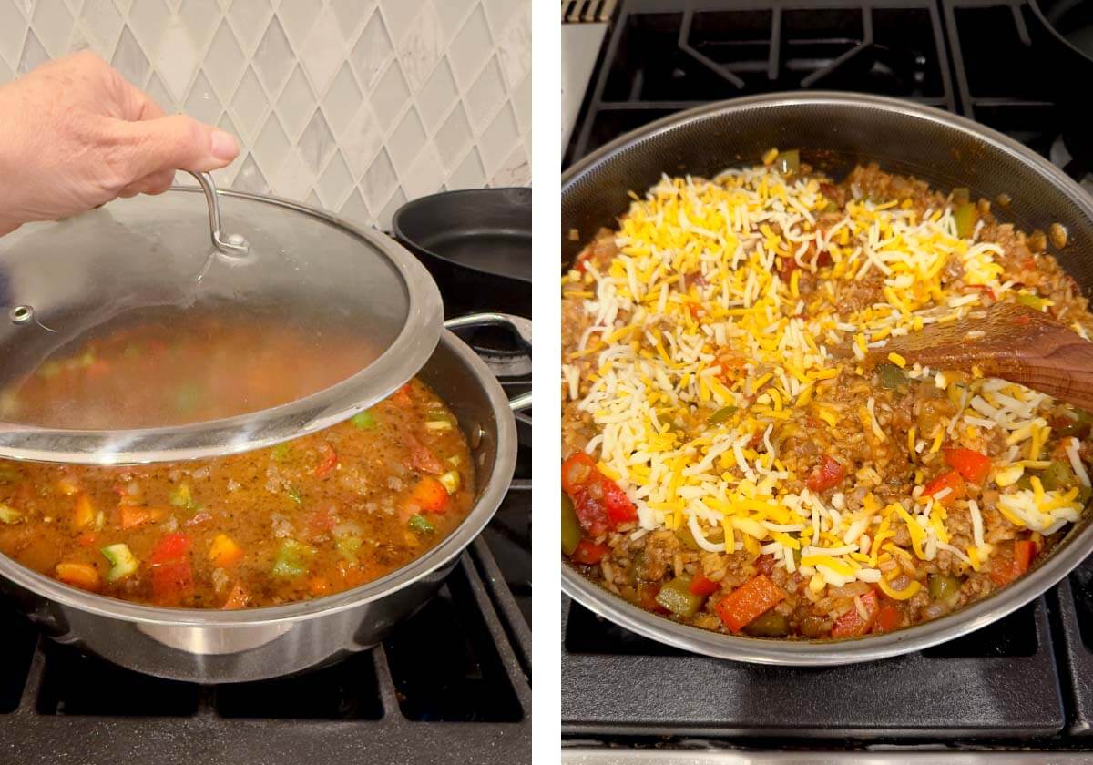 putting lid on skillet, cheese added to cooked unstuffed peppers