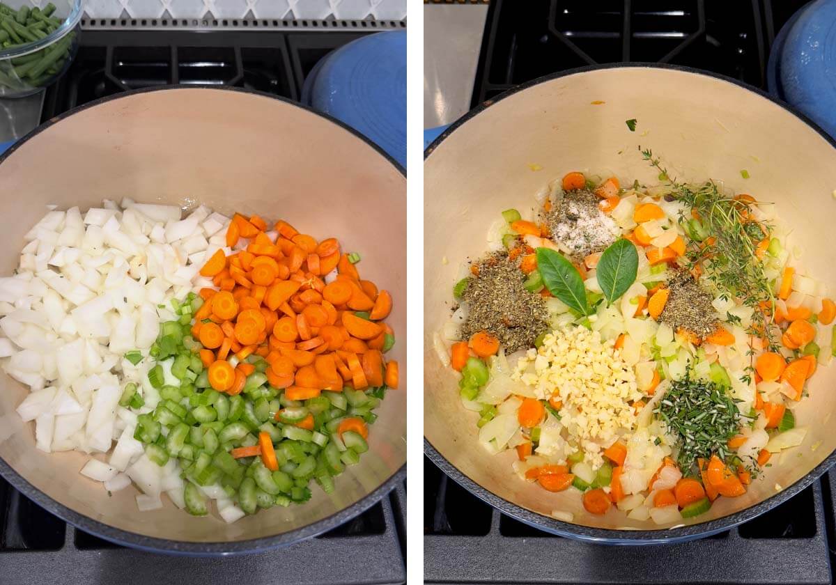 sautéing mirepoix in Dutch Oven, aromatics added