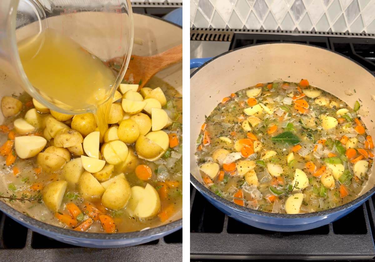 adding potatoes and broth to pot, bringing to a simmer