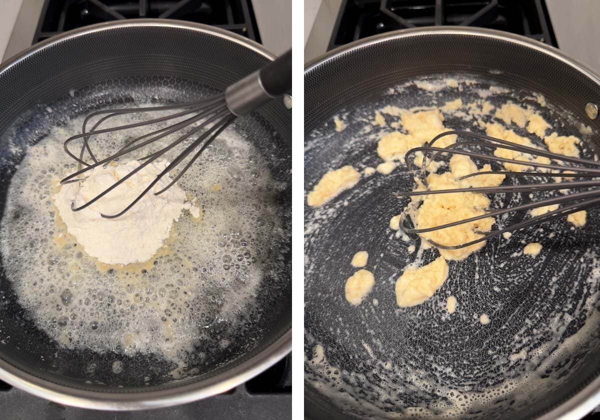 cooking roux of flour and butter in skillet