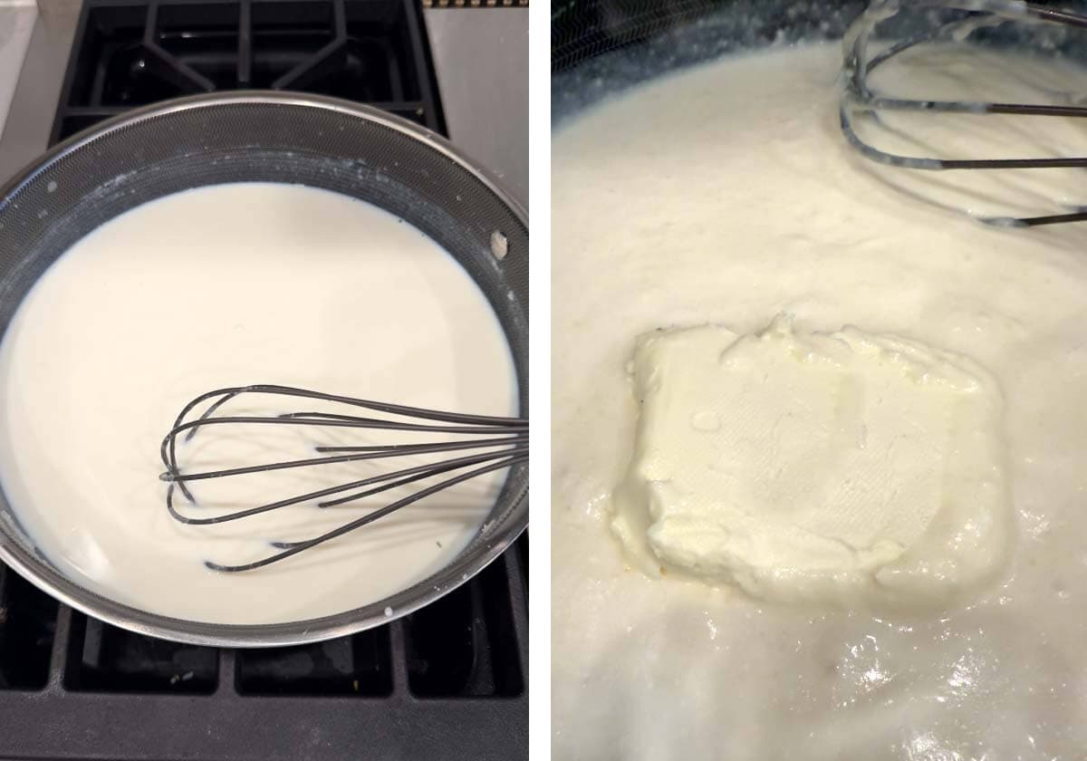 whisking milk into roux, melting cream cheese in mixture