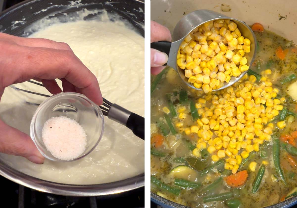 adding salt to cream sauce, adding corn to soup