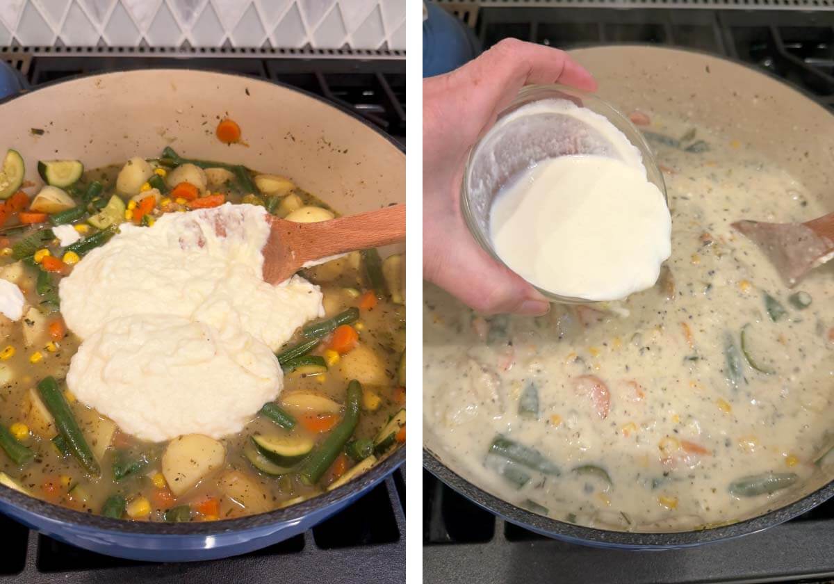 cream sauce added to soup, heavy cream being added