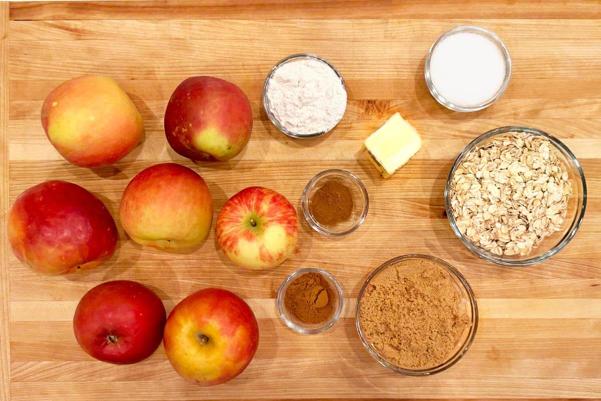 Crockpot Apple Crisp ingredients shot on a board