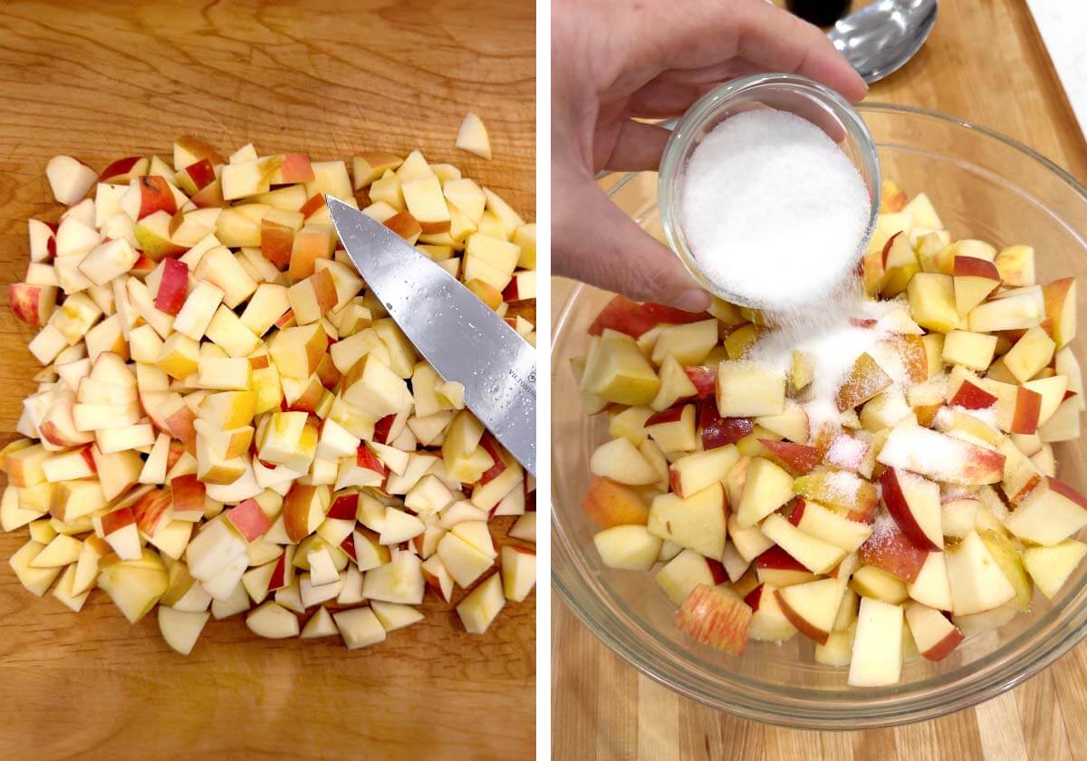 chopped apples on a board, adding sugar to apples