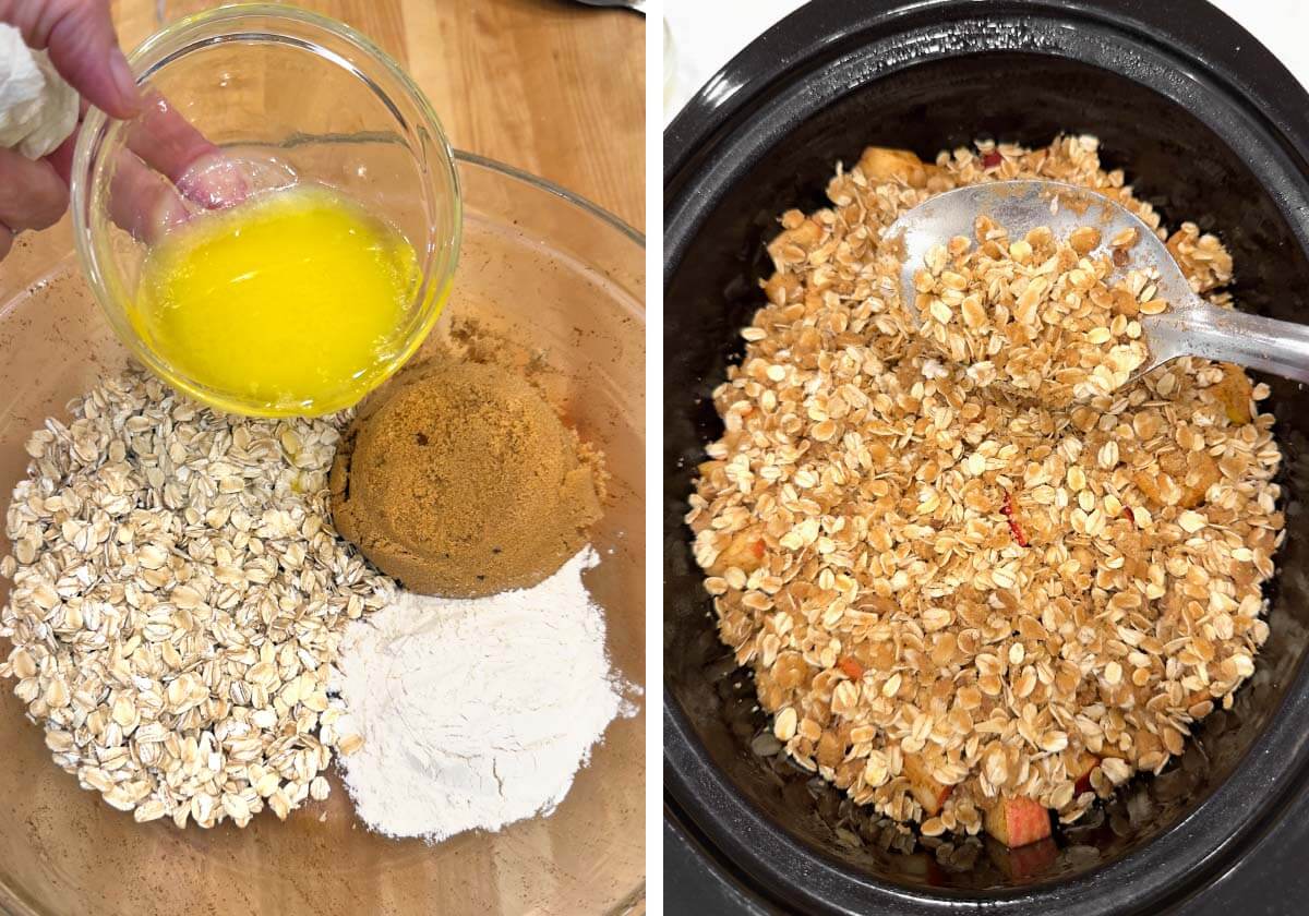 mixing oats and crip topping ingredients, spooning crisp over apples in crockpot