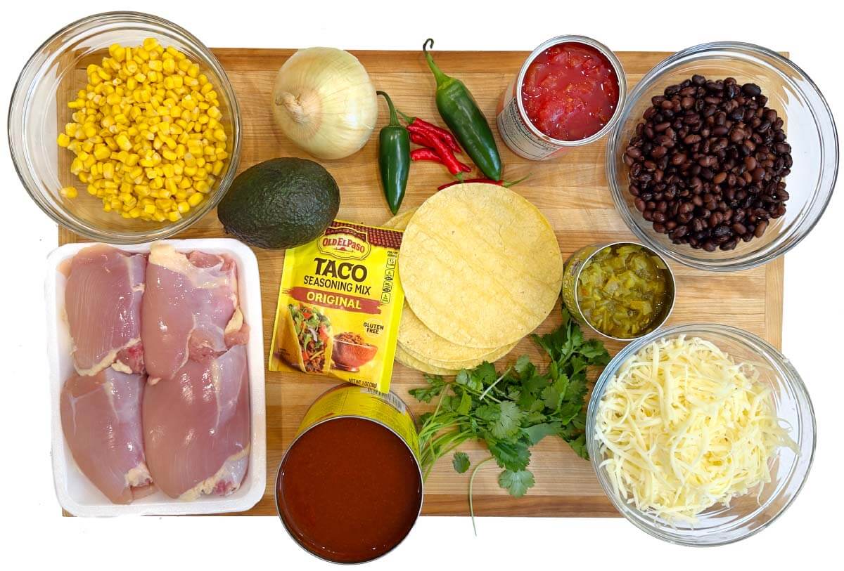 Crockpot Chicken Enchilada Casserole ingredients shot on a board