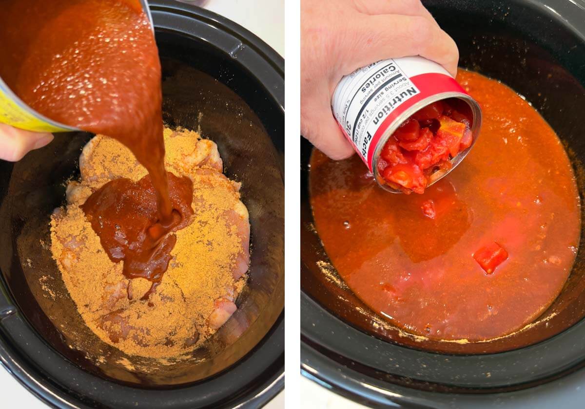 pouring enchilada sauce over seasoned chicken, and adding diced tomatoes