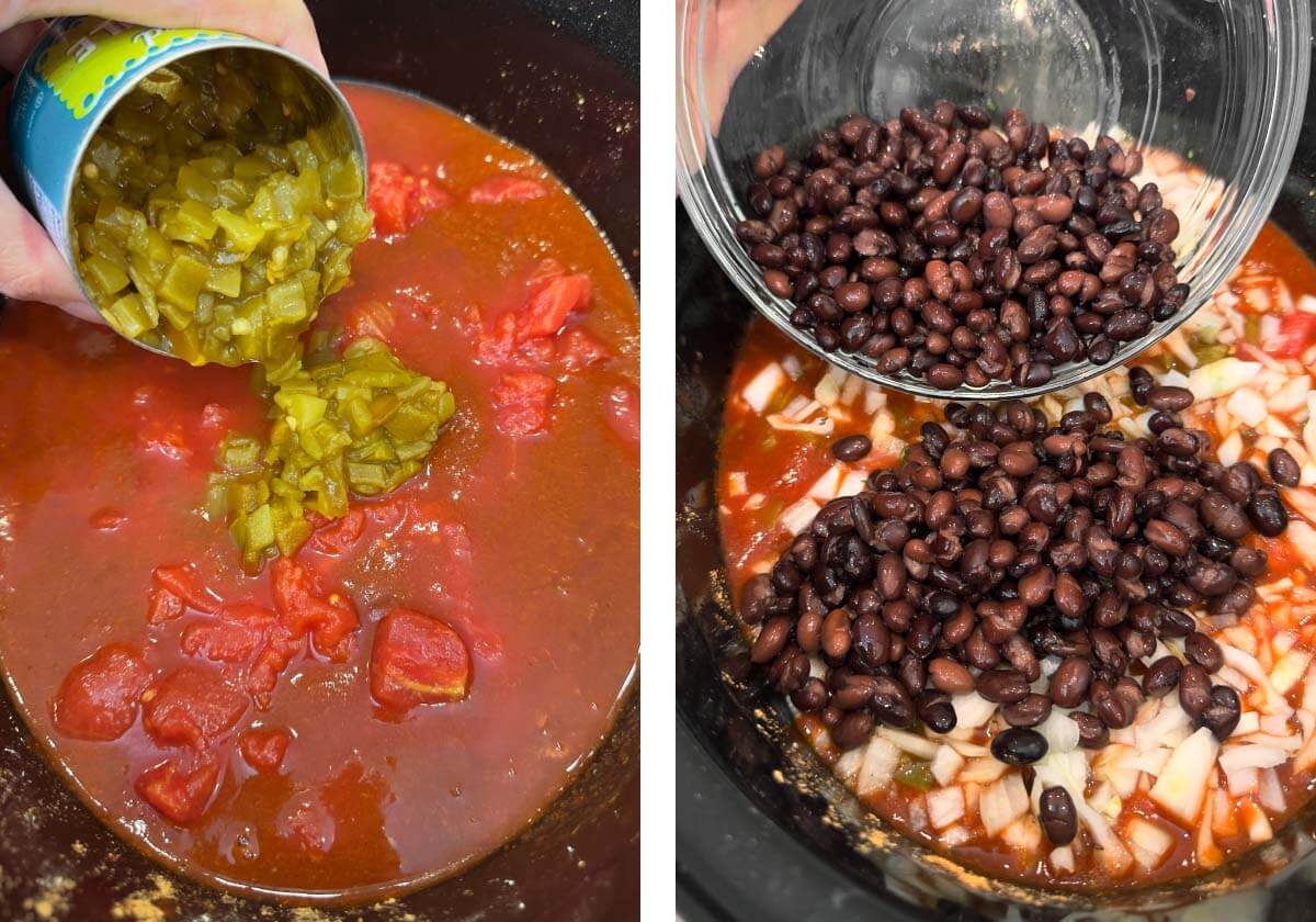 adding green chiles to crockpot, adding black beans