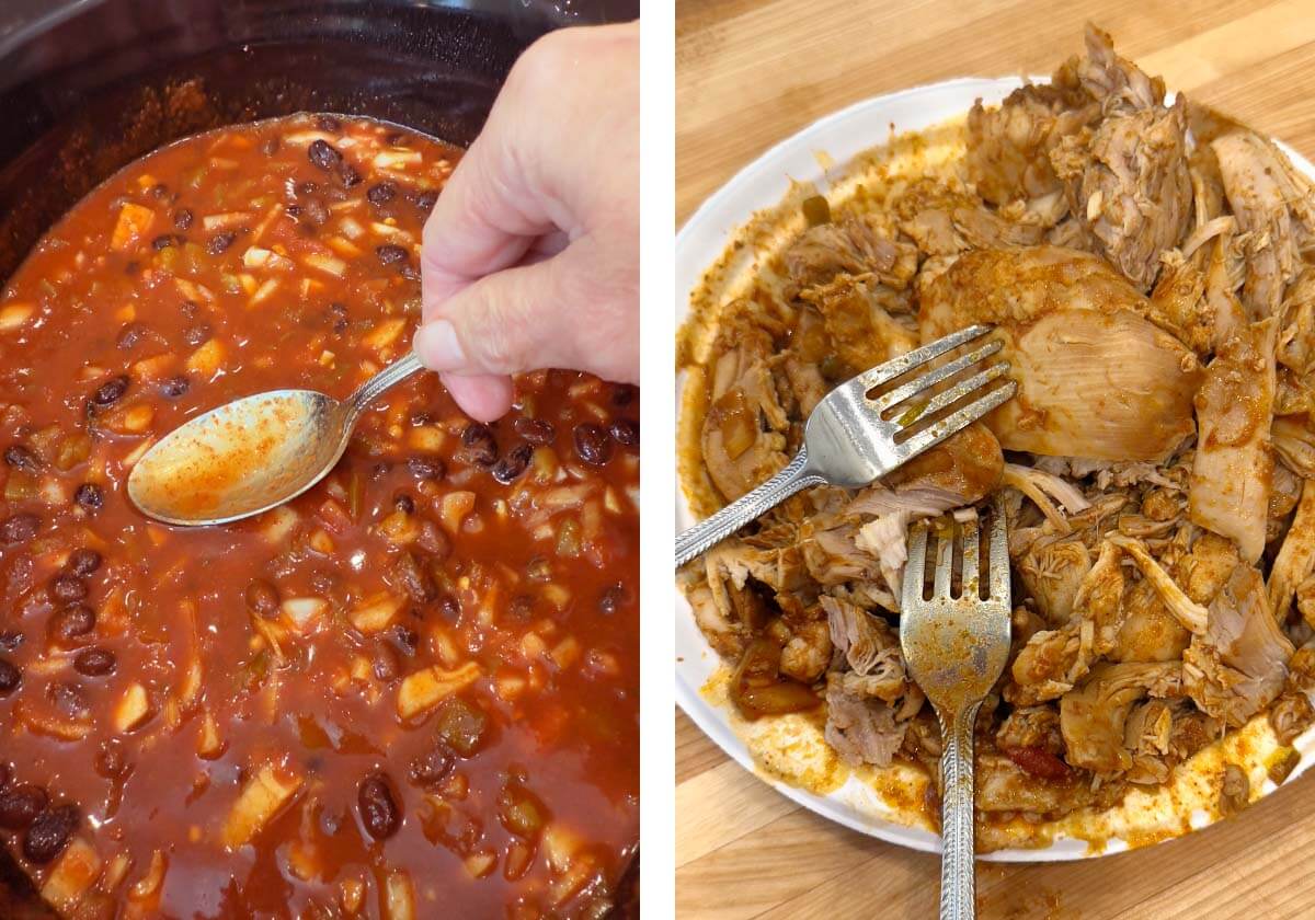 pressing onion down into sauce, tortillas added to crock