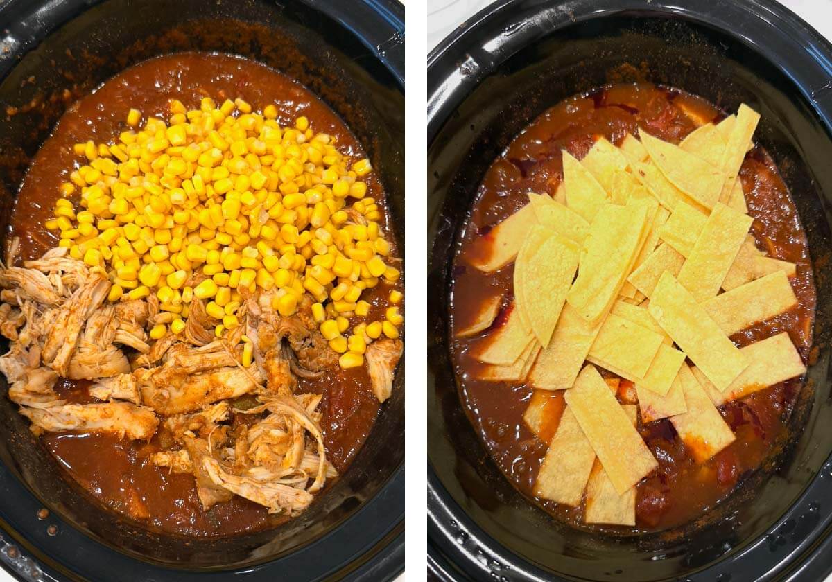 shredded chicken and corn added to crock, tortillas added