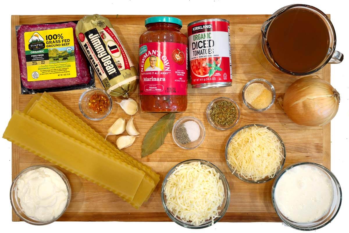 Crockpot Lasagna Soup ingredients shot on a board