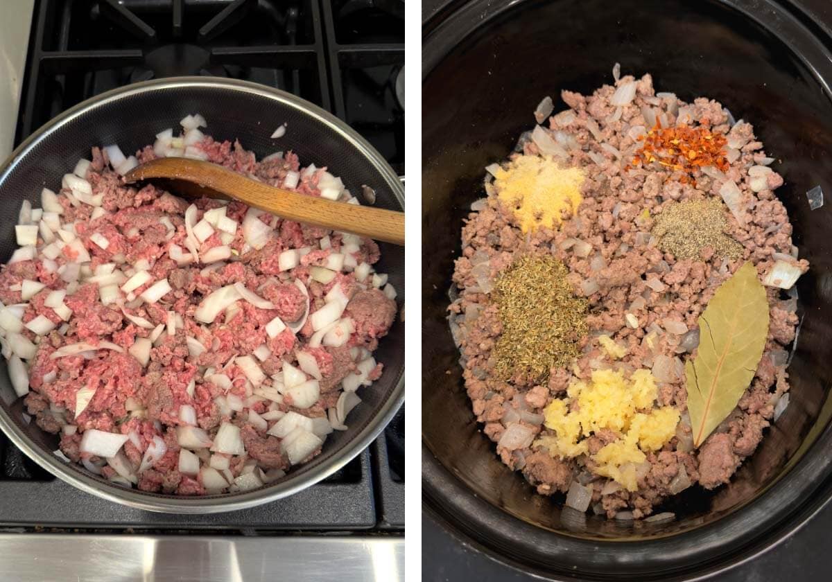 browning ground meat and onions in a skillet, meat & seasonings added to the crockpot