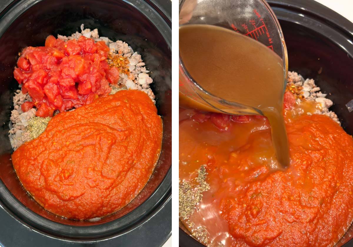 tomatoes added to meat mixture, pouring broth in