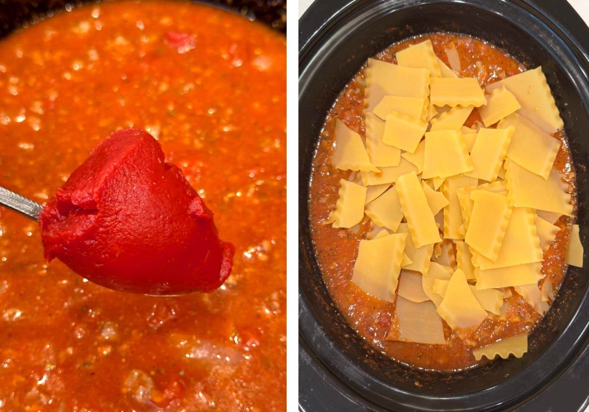 adding tomato paste, broken noodles added