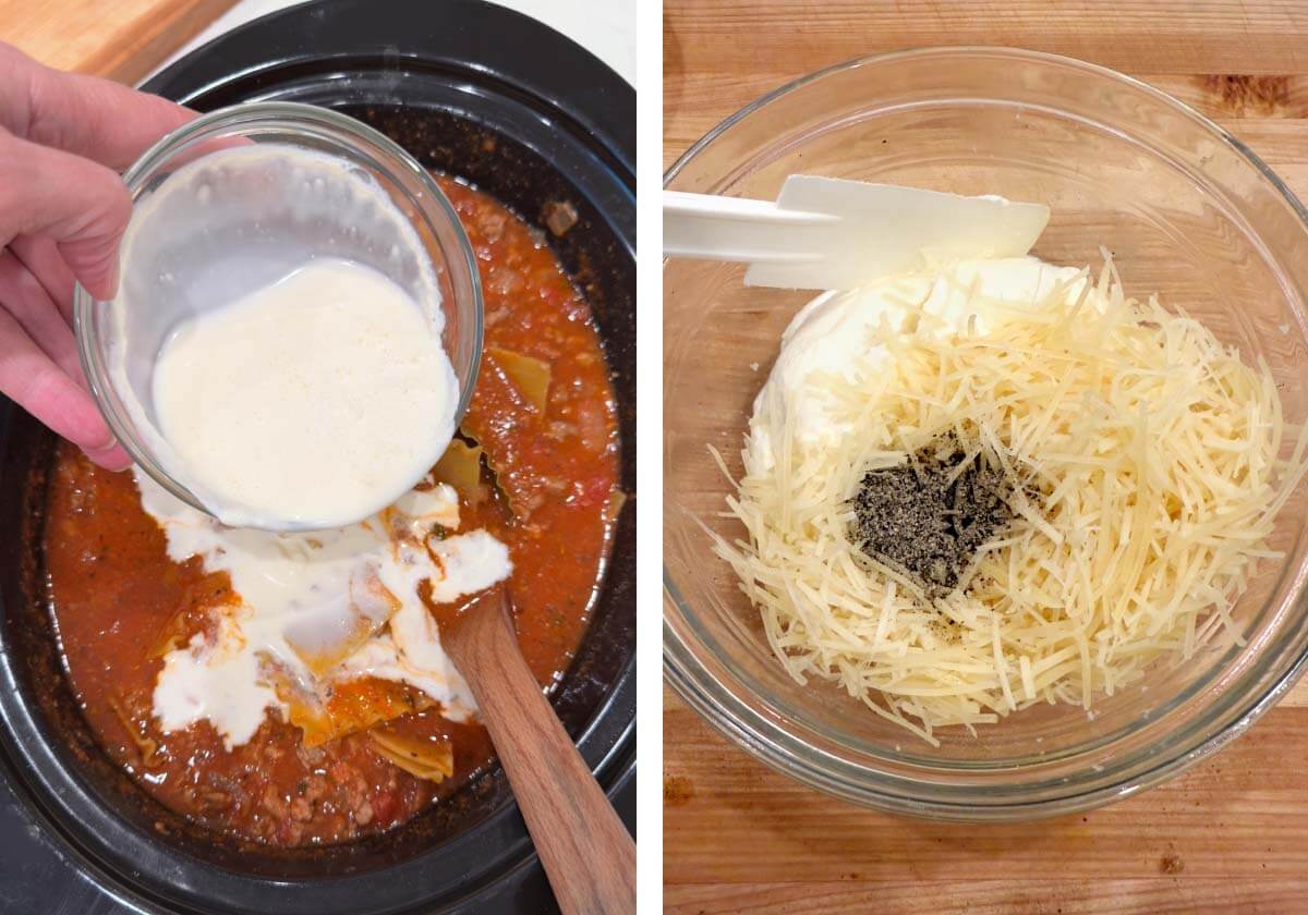 adding cream to soup, mixing cheese topping in a bowl