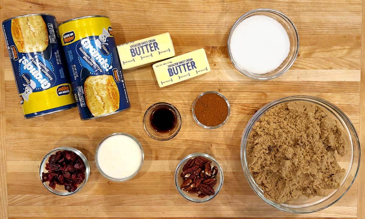 Cinnamon Pull-Apart Monkey Bread ingredients shot on a board