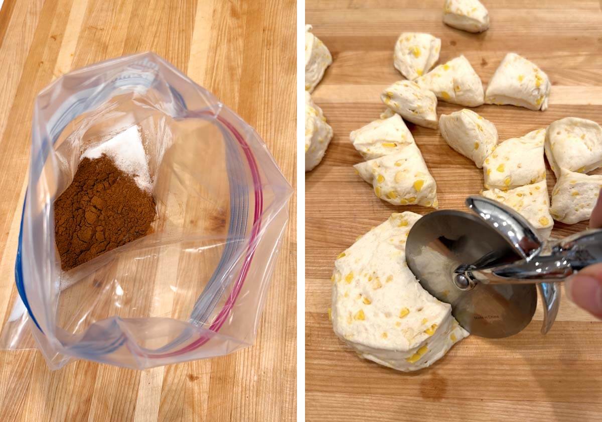 sugar and cinnamon in baggie, biscuits being cut with pizza cutter