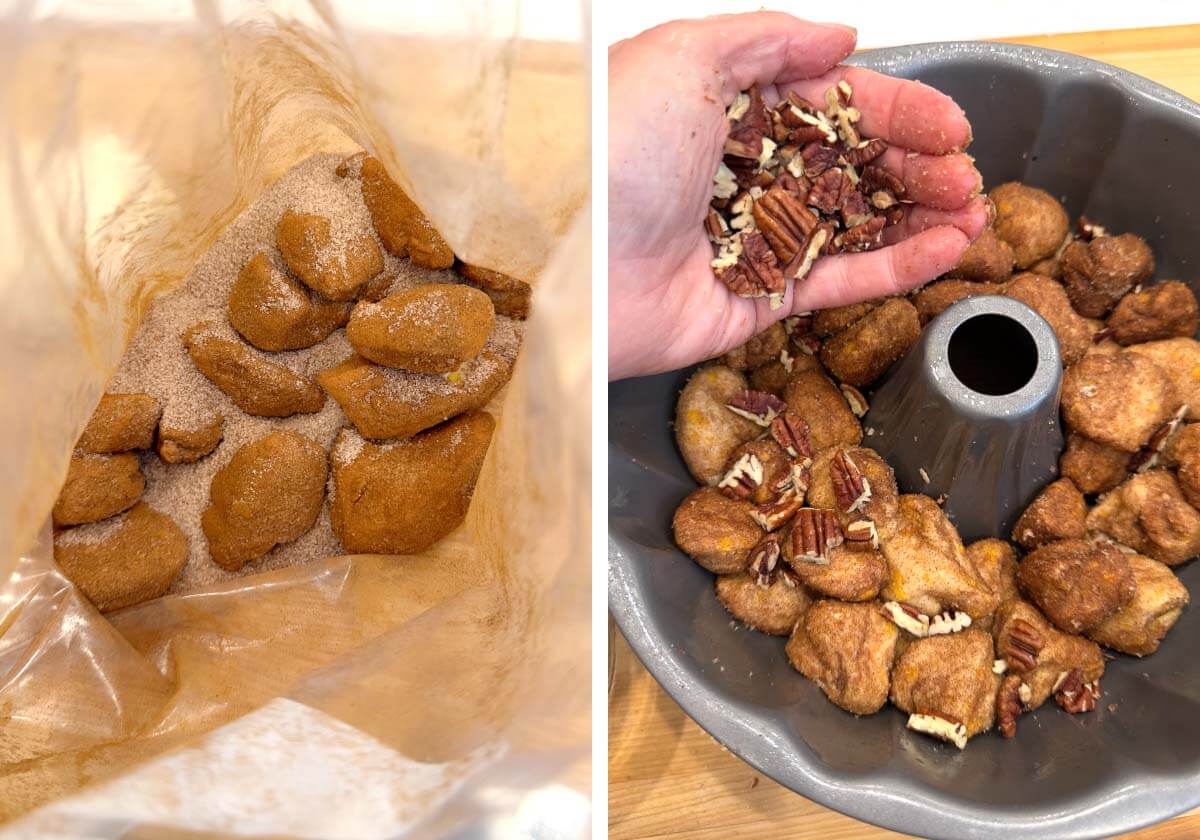 sugar and cinnamon in baggie with biscuit dough pieces in mixture, adding handful of pecans to coated biscuits in pan
