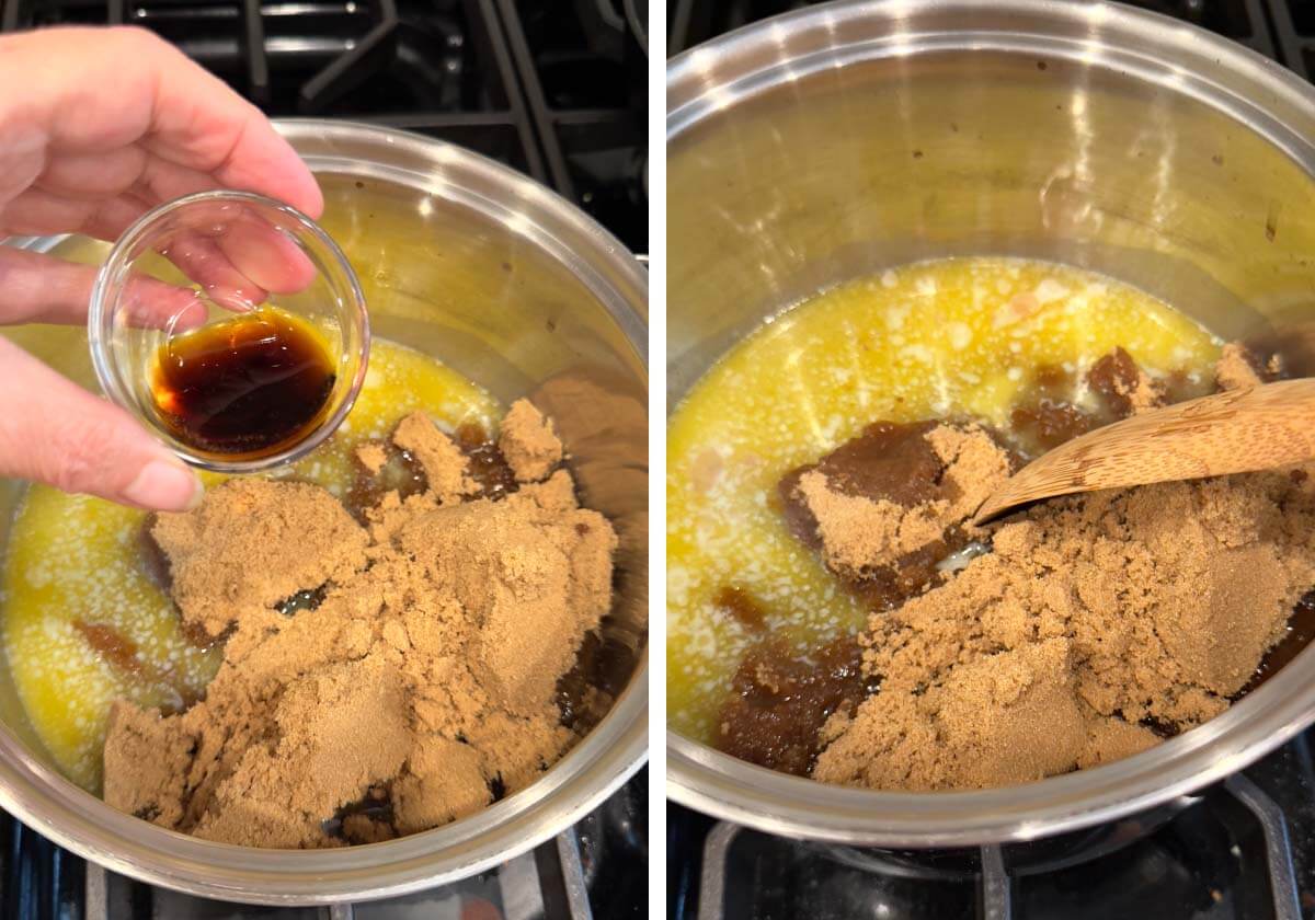 adding vanilla to butter-brown sugar in pan, stirring sauce ingredients