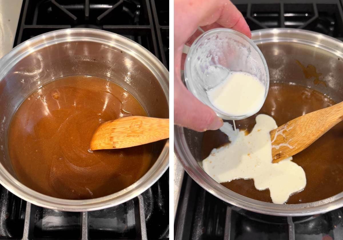 stirring caramel sauce ingredients, adding warmed cream to sauce