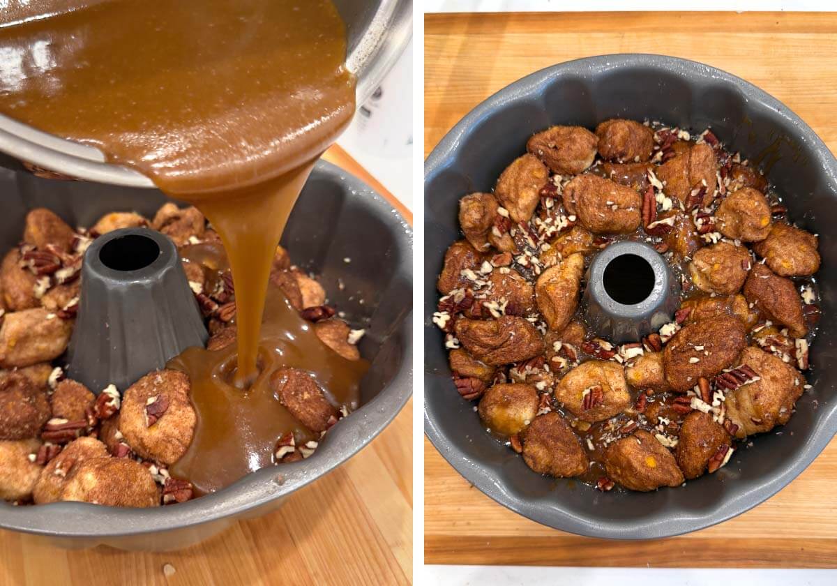 pouring butter-sugar sauce over biscuits, adding remaining nuts