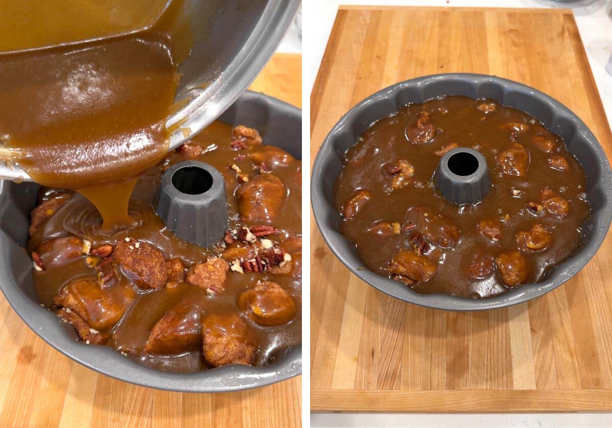 pouring sauce over biscuits, pan before baking