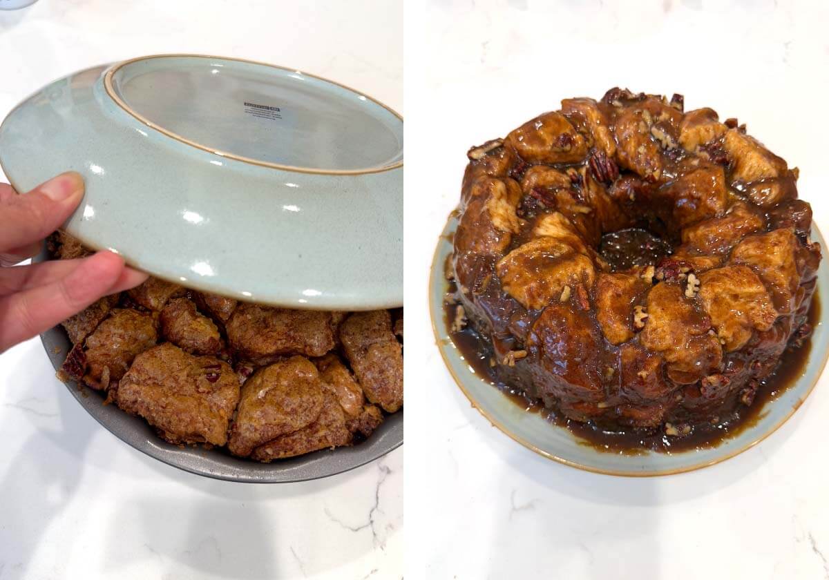 putting plate on pan to invert, bread after inverting on a plate