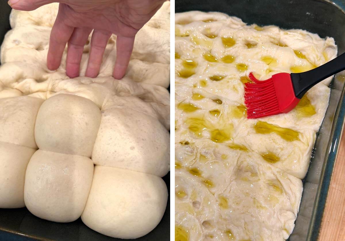 dimpling risin rolls with fingers, brushing olive oil on