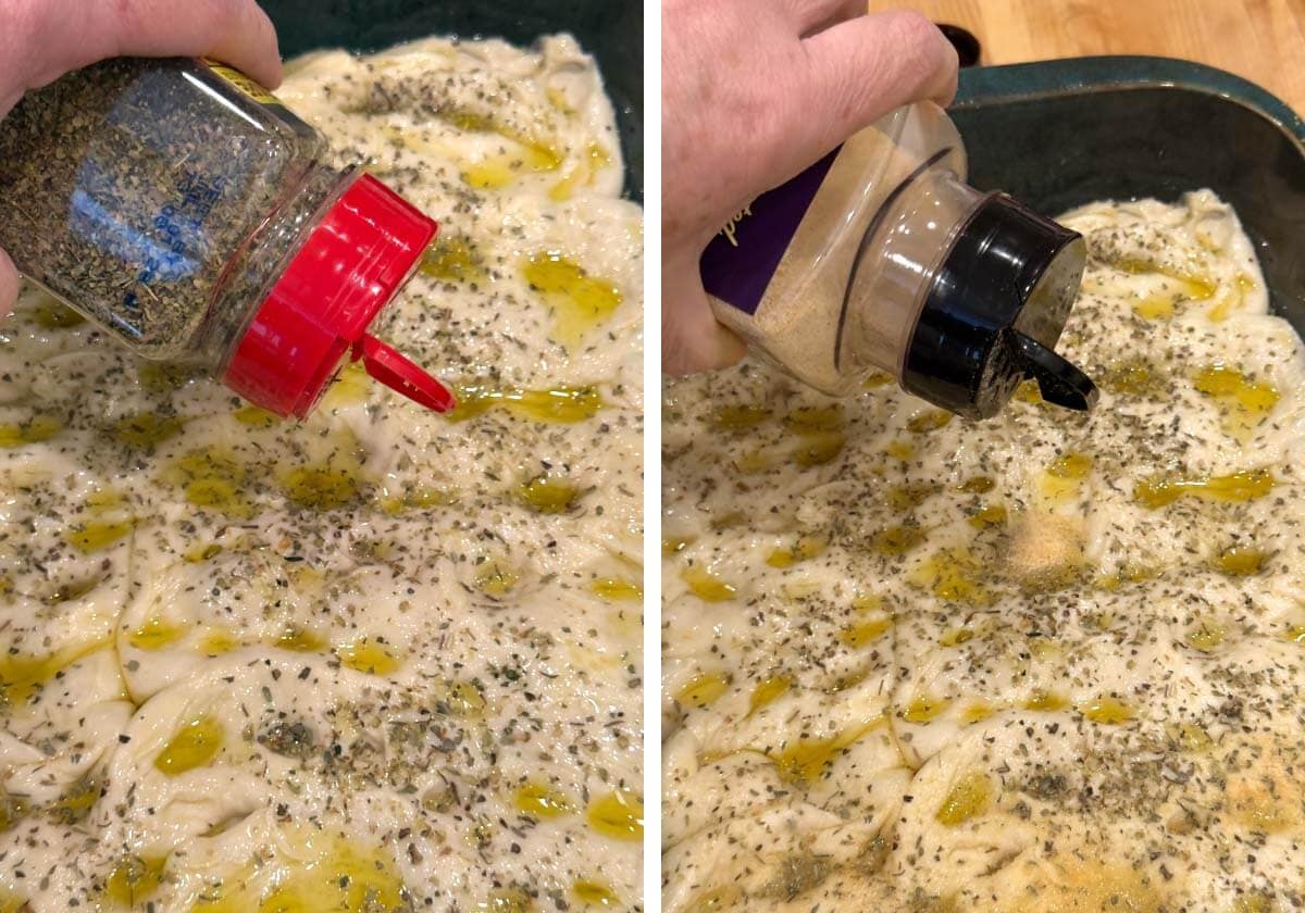 seasoning focaccia dough with Italian seasoning and garlic powder