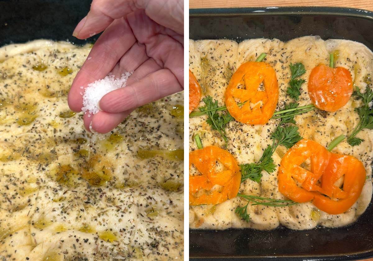 seasoning focaccia dough with salt, decorated dough before baking