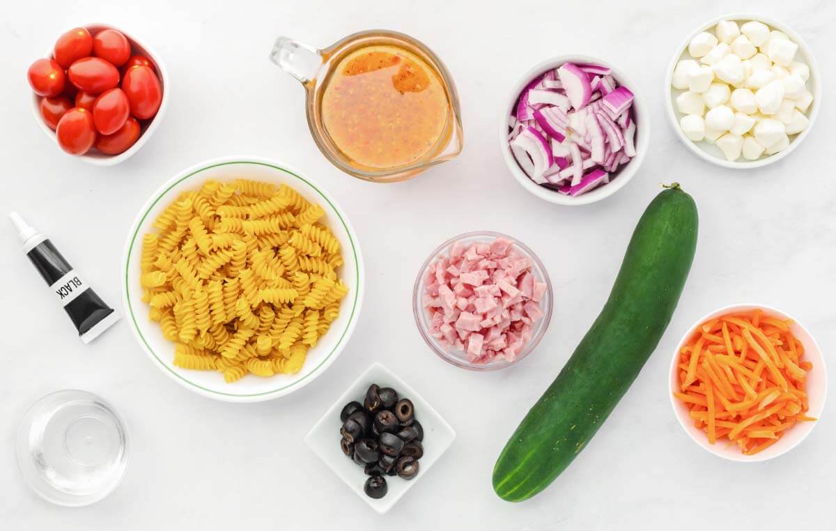 Halloween Pasta Salad ingredients shot on a board