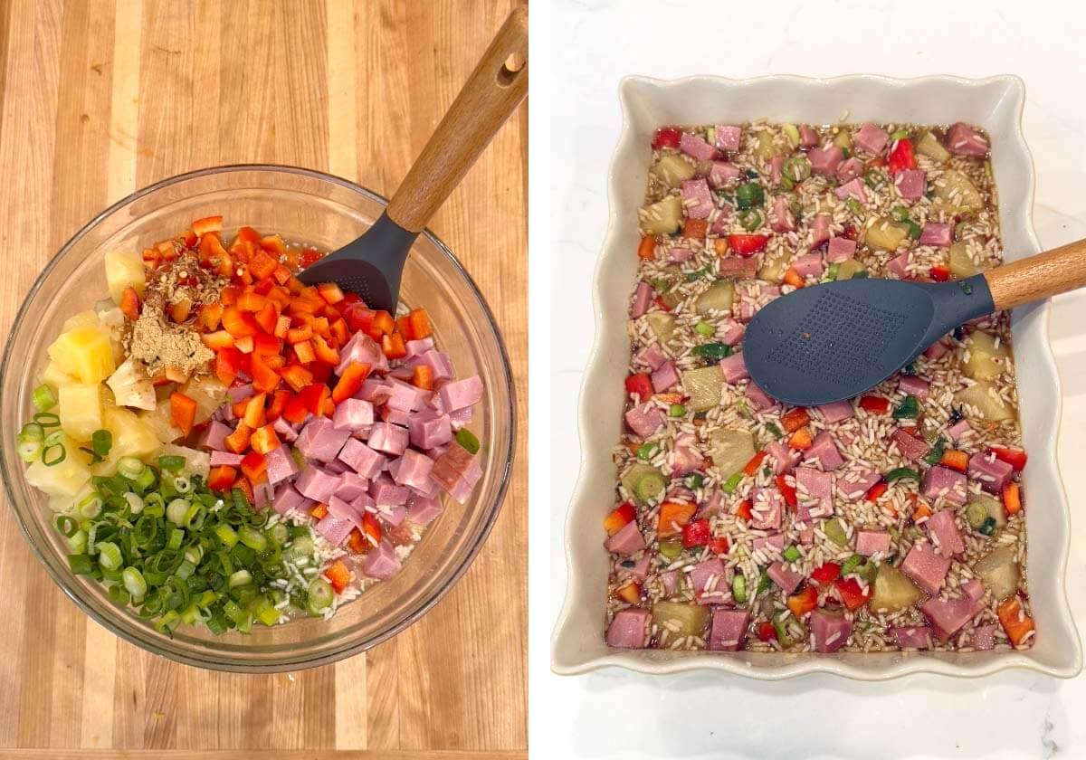casserole ingredients added to a bowl, pressing rice down in baking dish