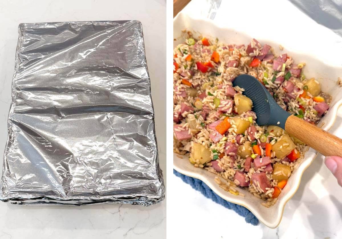 foil covered baking dish, stirring casserole halfway through.