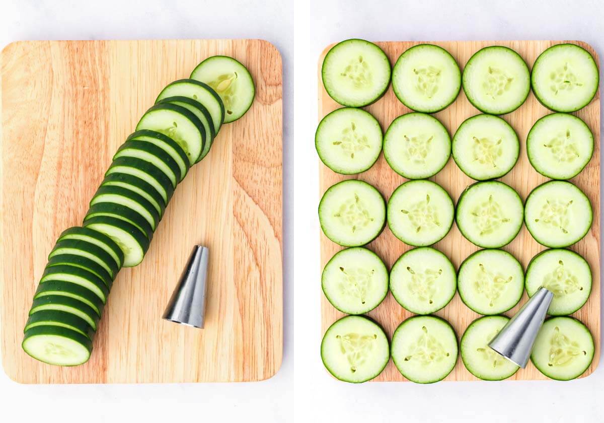 sliced cucumber on board with a piping tip