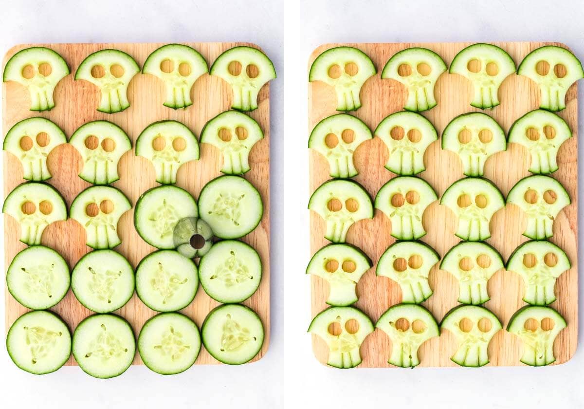 making skulls from sliced cucumber using a piping tip, Cucumber skull pasta salad โ punching eyes with piping tip