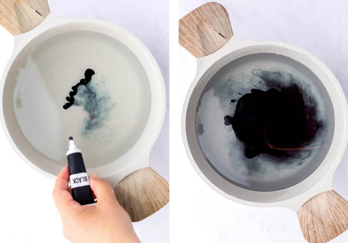 adding food coloring to pasta water, Dyeing pasta water for purple spooky pasta salad