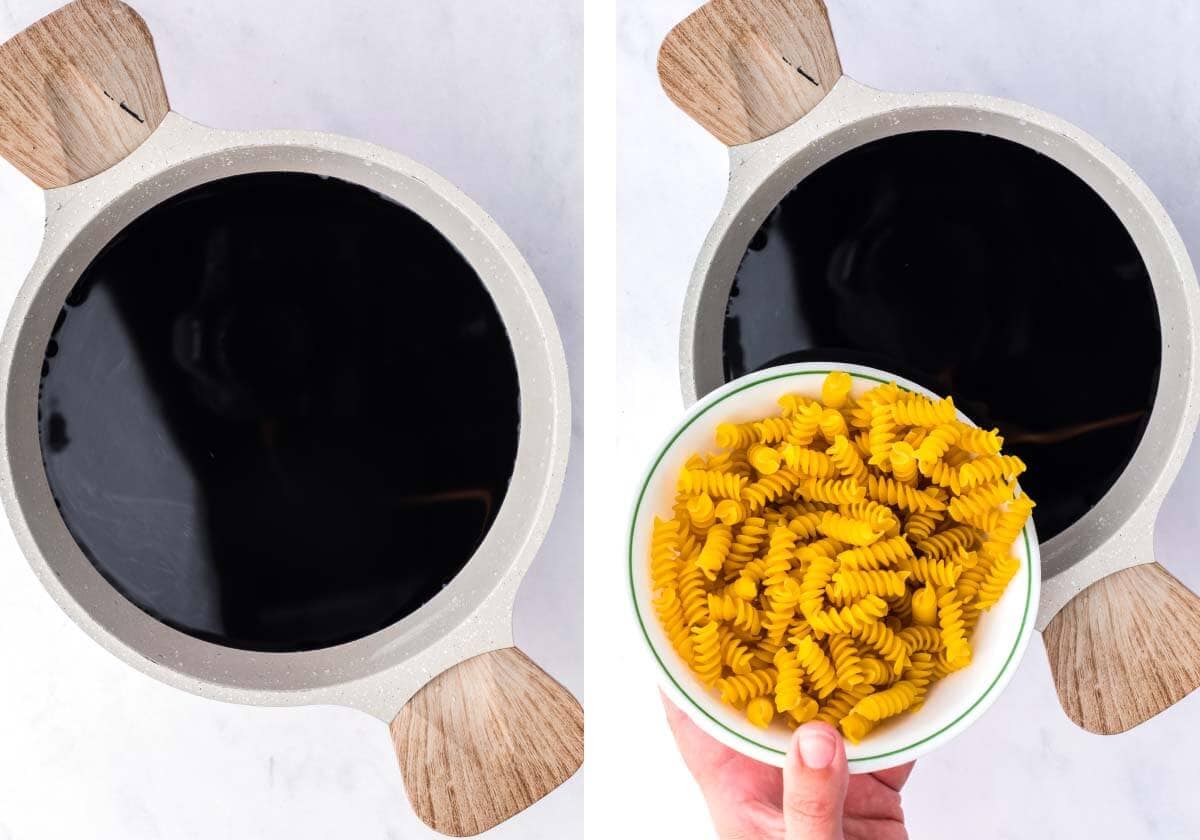 adding pasta to colored water to cook and get dyed