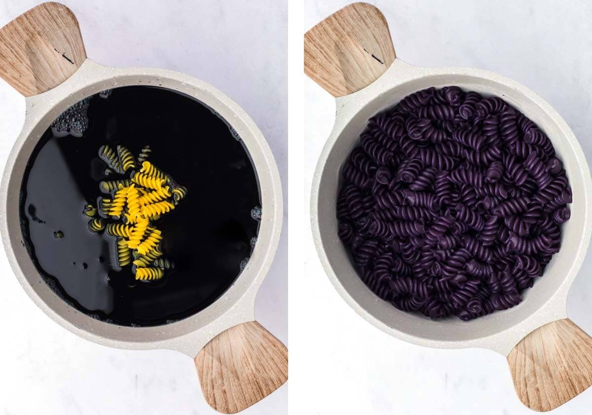 cooking pasta in colored water to dye it