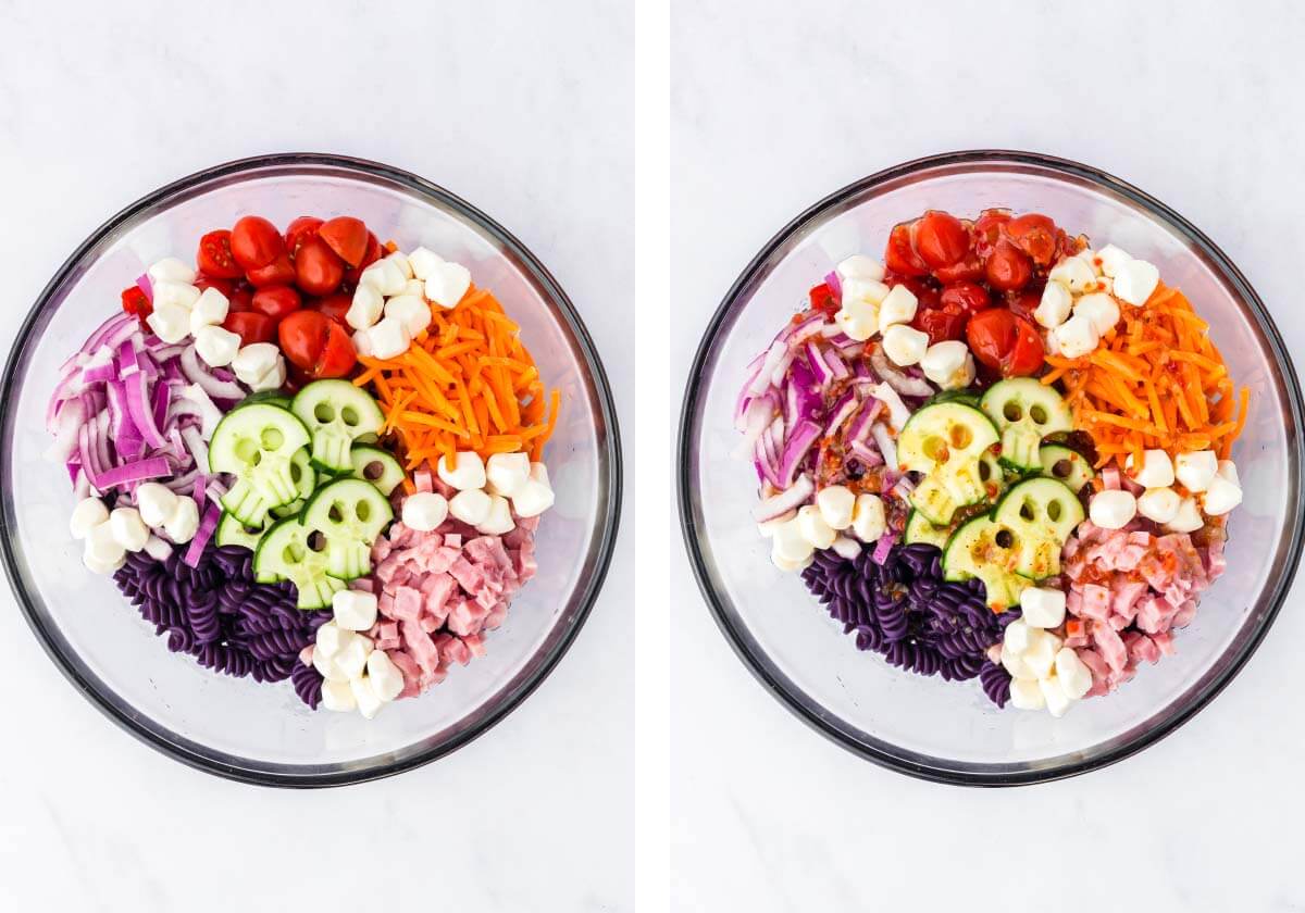 pasta salad ingredients added to a bowl, dressing added