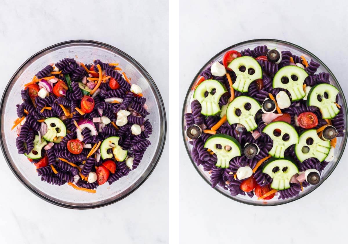 pasta salad tossed in bowl, skulls decorating the top