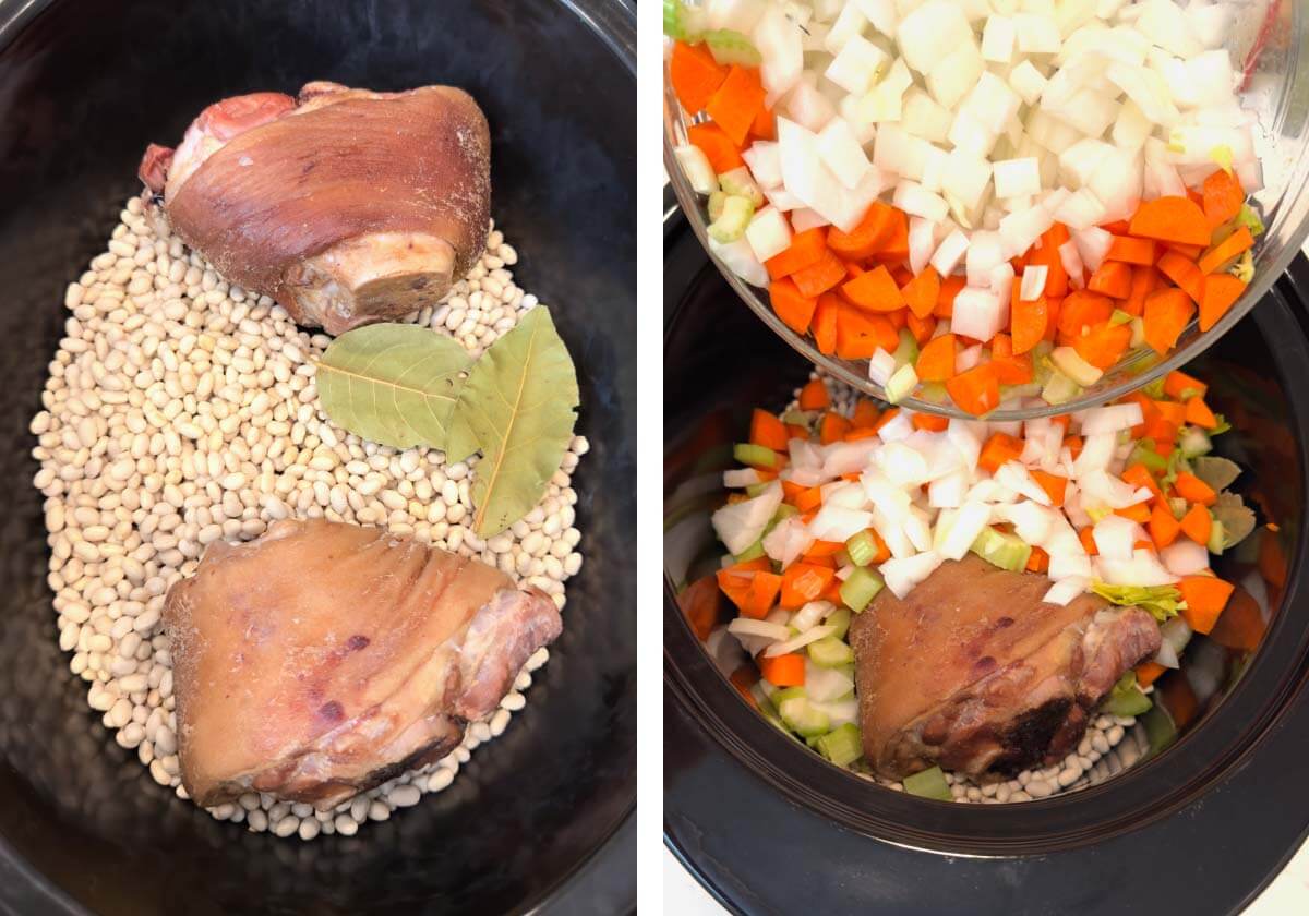 beans and ham hocks in crock with bay leaves, carrots, onion celery being added