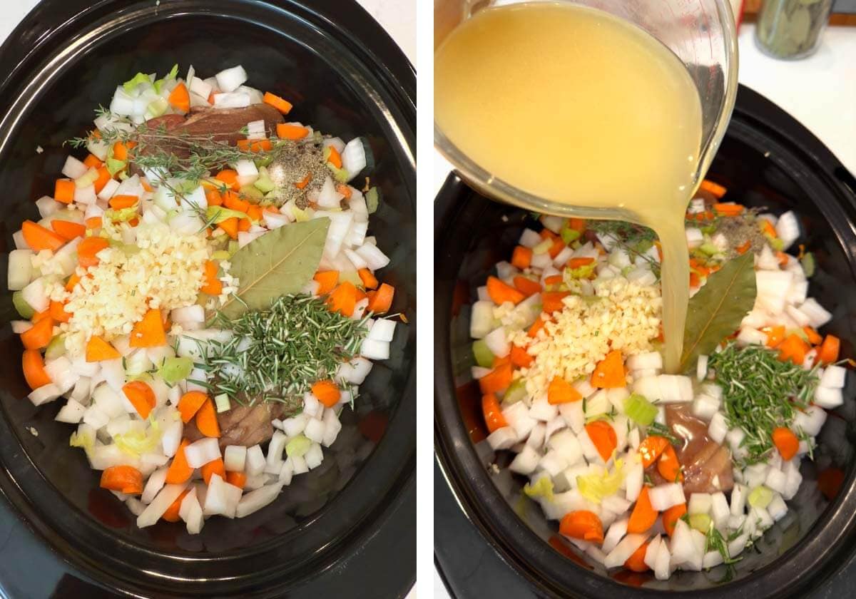 soup ingredients in crock, adding broth