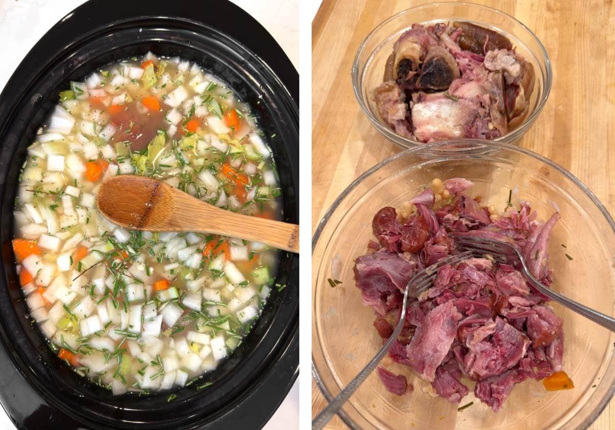 soup in crock before cooking, ham hock with meat removed