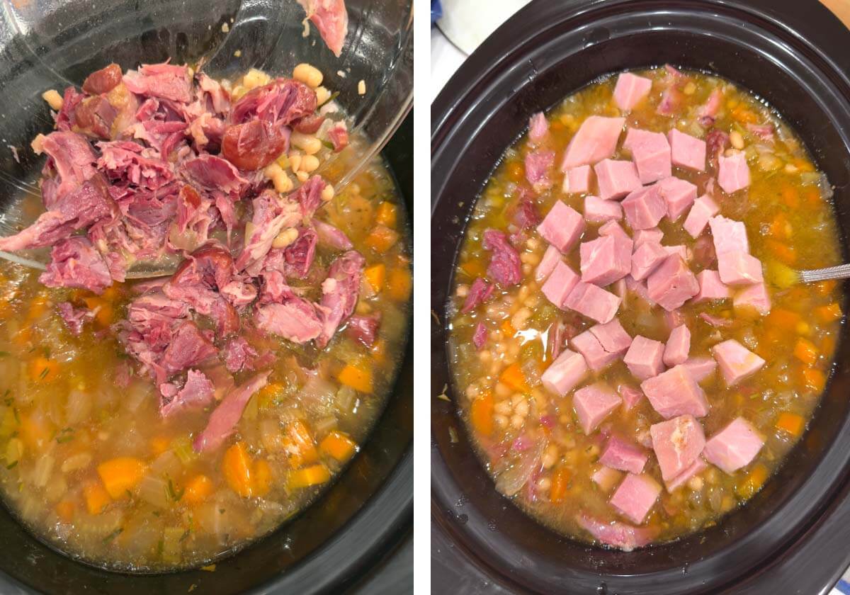 ham added to cooked soup.