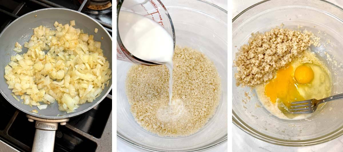 sautéing onions, pouring milk into breadcrumbs, whisking 2 eggs in bowl alongside the breadcrumbs