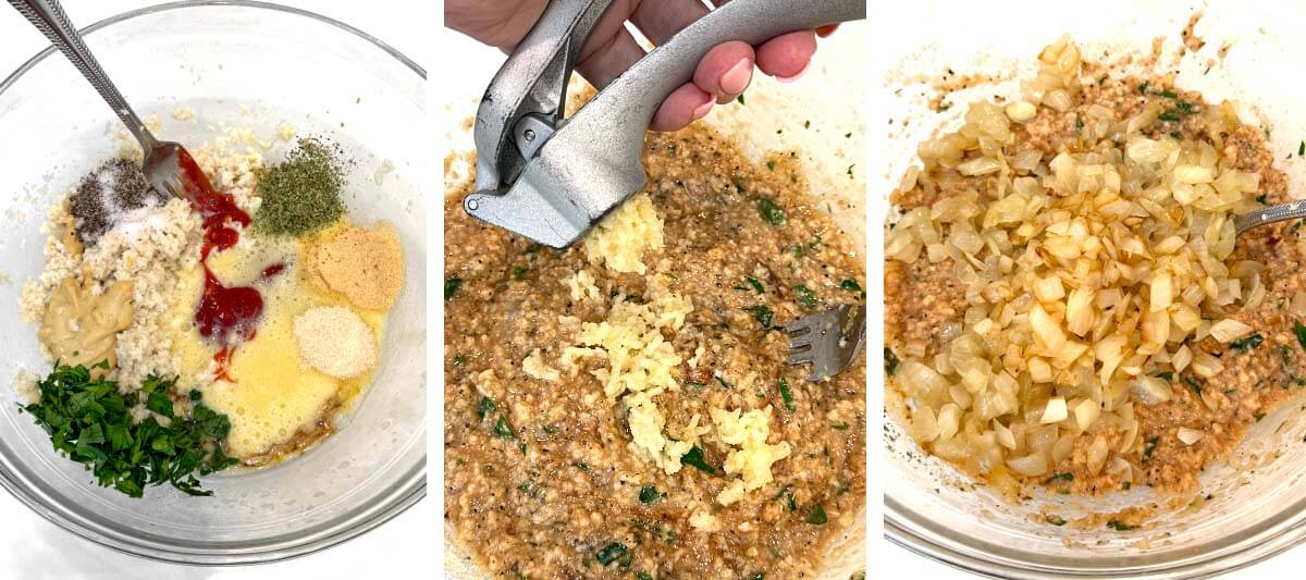 spices and seasonings added to breadcrumbs, pressing garlic into breadcrumb mixture, cooled sautéed onions added to breadcrumb mixture