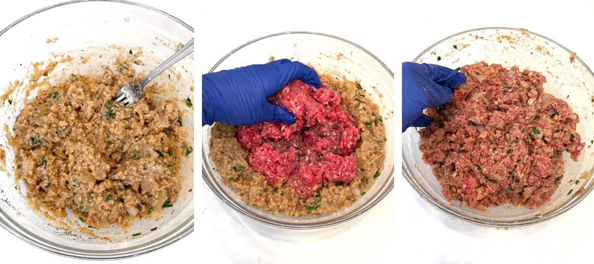 completed breadcrumb mixture in bowl, ground beef added to bowl with gloved hand mixing it, final mixed meatloaf mixture in bowl with gloved hand near