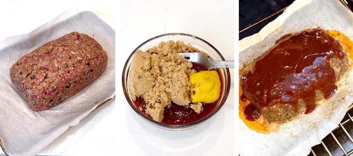 meatloaf mixture formed into a loaf on prepared baking sheet, mixing glaze ingredients in small bowl, glaze applied to partially cooked meatloaf