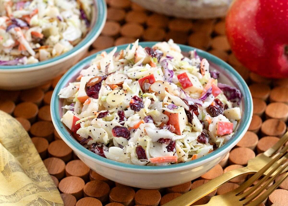 bowl of apple cranberry coleslaw